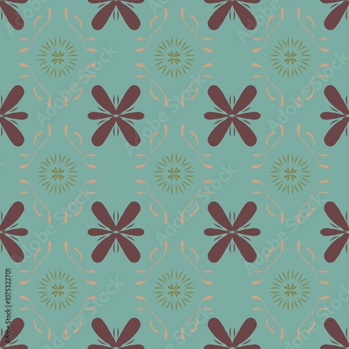 seamless abstract pattern of dragonflies and leaves drawn on a grunge background