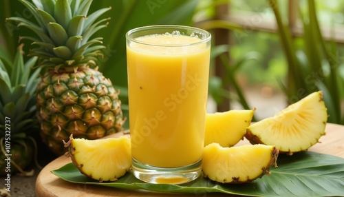 Fresh pineapple smoothie, tropical drink with slices, healthy beverage, green leaf background