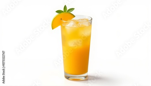 Refreshing mango tropical drink with ice, healthy cocktail, clean white background, summer vibes