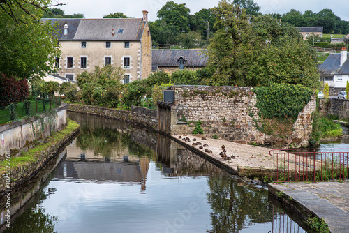Fototapeta Naklejka Na Ścianę i Meble -  Old houses on the banks of the river Sienne in the town of Villedieu-Les-Poêles, Normandy, France
