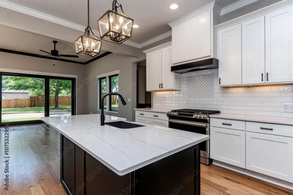 A modern open-concept kitchen with a dining area, stylish lighting, and cozy atmosphere A modern open-concept kitchen with a dining area, stylish lighting, and cozy atmosphere