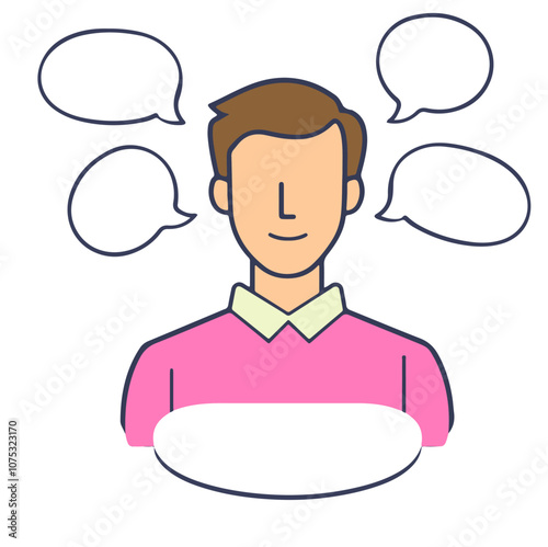 A person engaged in conversation with multiple speech bubbles around them