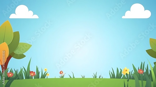 A Cartoon Illustration of a Sunny Day with Green Grass, Flowers, and Clouds
