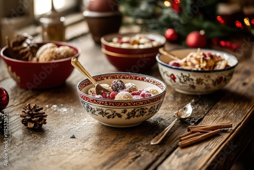 A cozy holiday breakfast scene with bowls of cereal topped with fruits, cinnamon, and festive decorations. photo