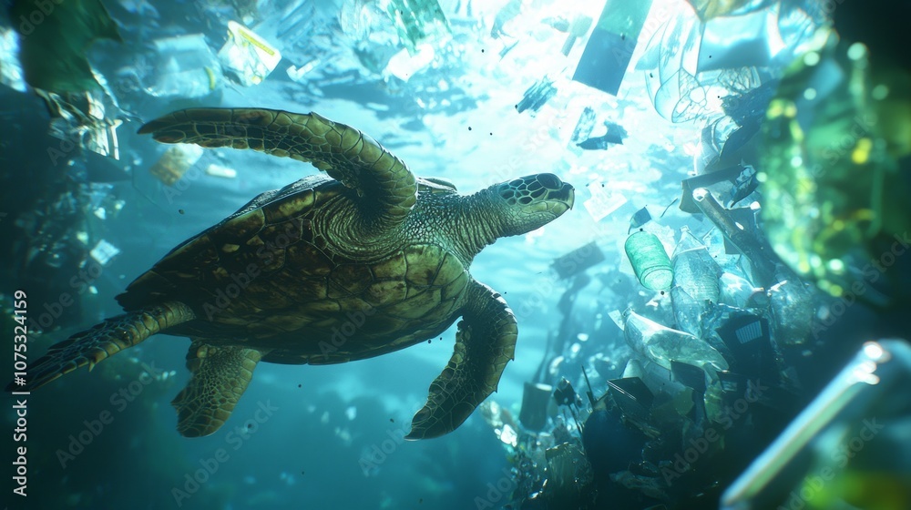 Fototapeta premium Plight of the Sea Turtle: Urgency for Ocean Conservation in a Plastic-Polluted Underwater World