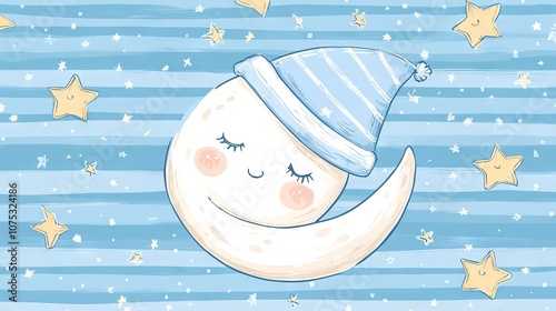 Cute Moon Cartoon with Night Cap and Stars. AI generated illustration