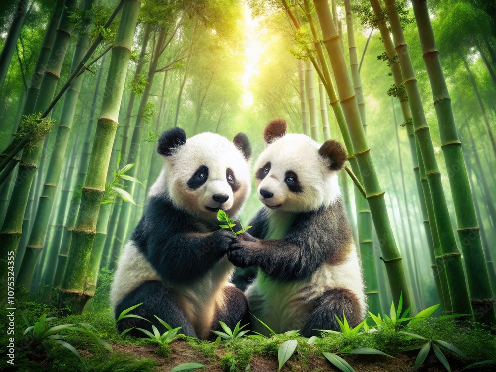 Obraz premium Cute Panda Characters Among Bamboo Forest with Double Exposure Photography, Adorable Wildlife Imagery, Nature Scenes, Playful Animals, and Enchanting Forest Background