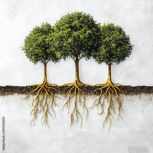 Three lush green trees with visible roots, showcasing their growth and connection to the earth, on a white isolate background. photo