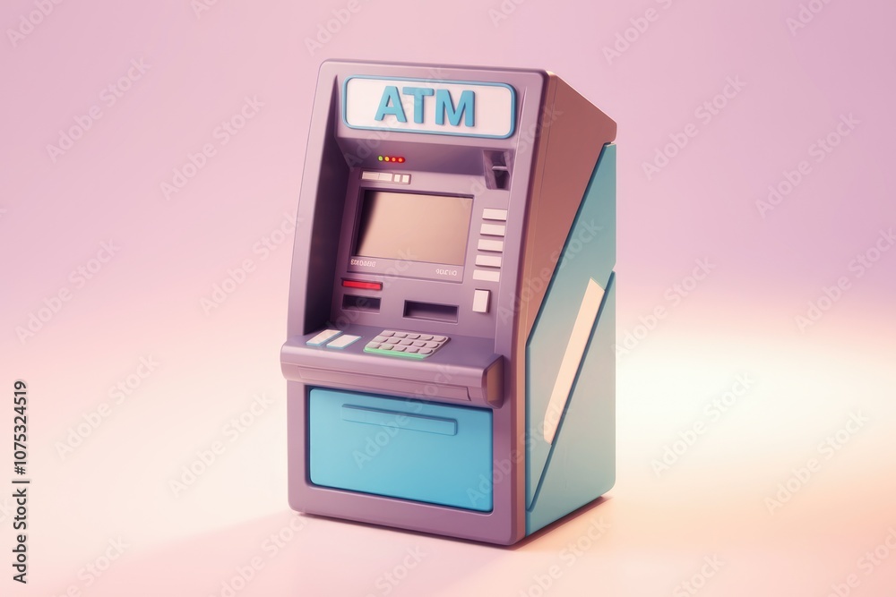 A blue and gray ATM machine on a pink background. A blue and gray ATM machine on a pink background.
