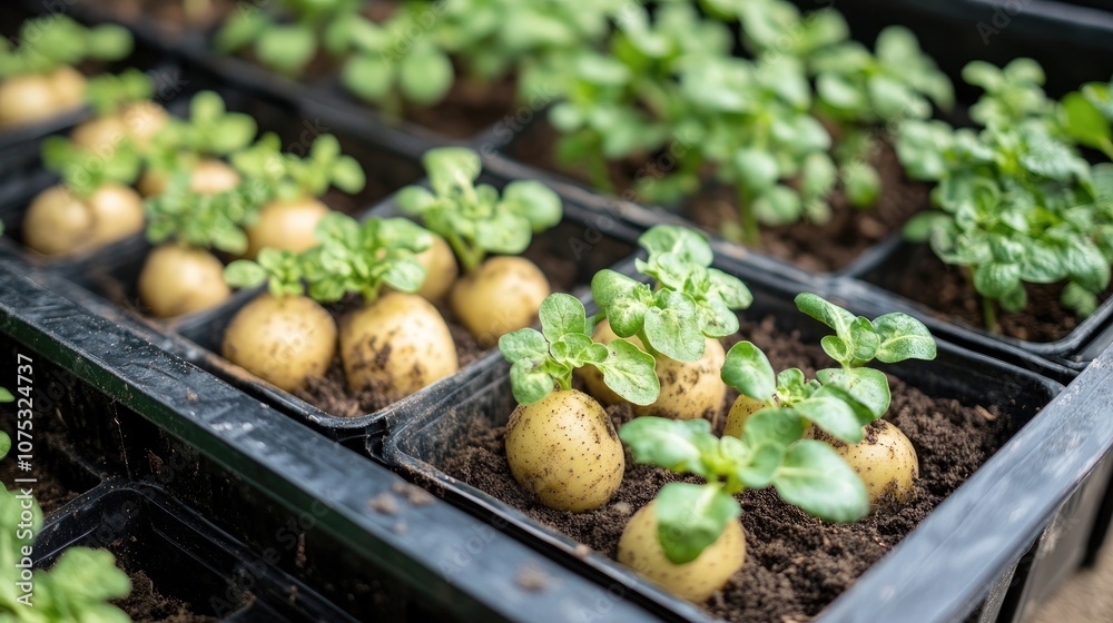 Preparation of potatoes for planting including chitting or pre sprouting methods in trays showcasing potato eyes developing young sprouts for home cultivation