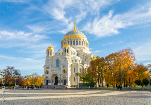 St. Petersburg, Russia - October 19, 2024: Naval Cathedral of St. Nicholas in Kronstadt in autumn. Autumn Krondstadt