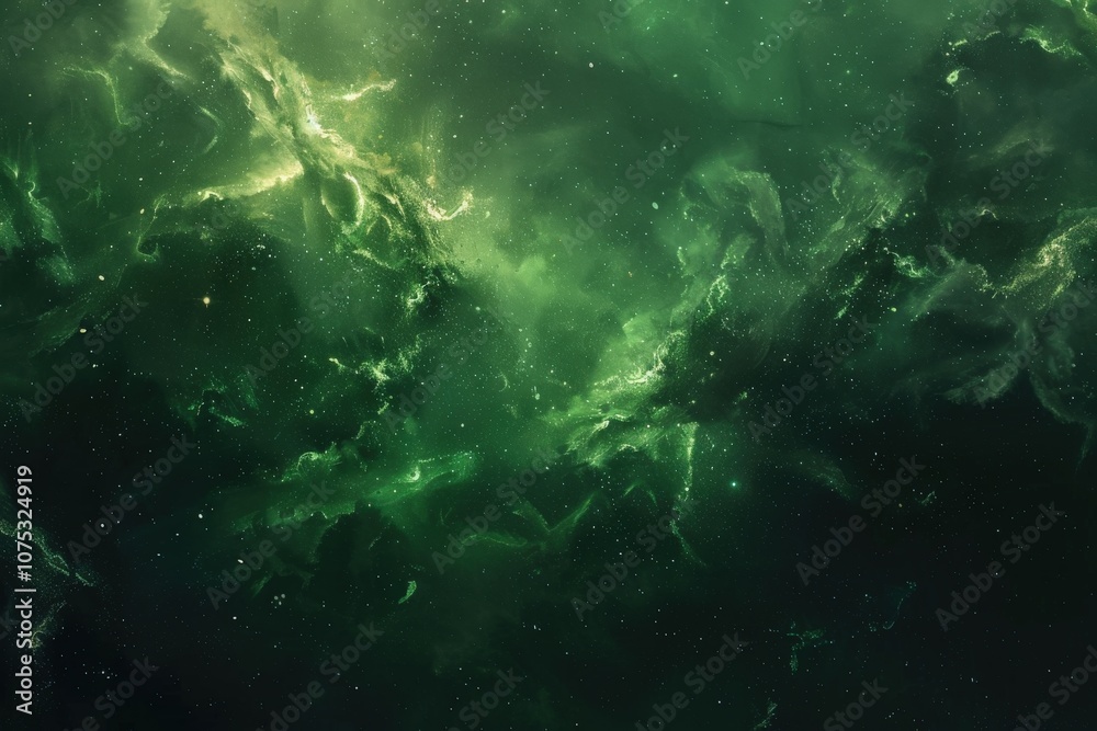 Abstract Cosmic Nebula with Swirling Green Gas and Stars