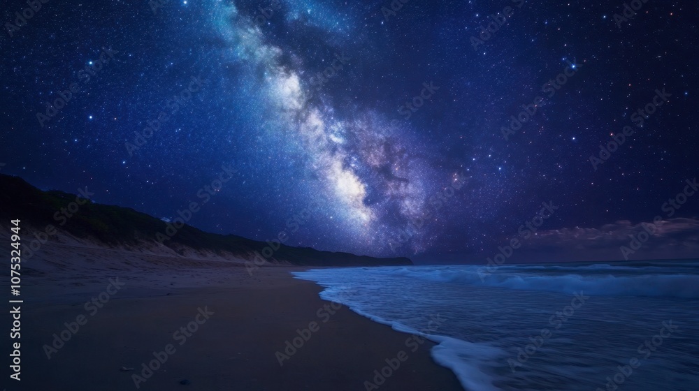 A serene beach under the night sky, where the Milky Way galaxy and stars create a breathtaking scene against the ocean waves. A serene beach under the night sky, where the Milky Way galaxy and stars create a breathtaking scene against the ocean waves.