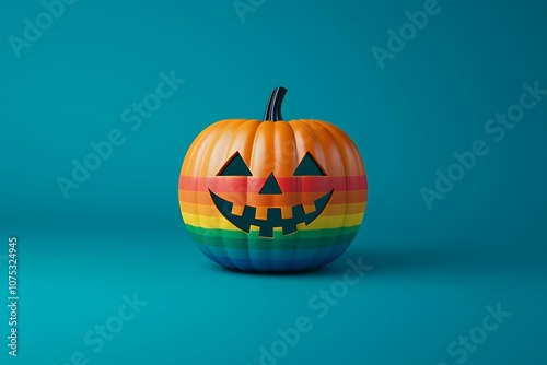 A rainbow painted jack-o-lantern with a carved spooky face sits against a teal background. photo