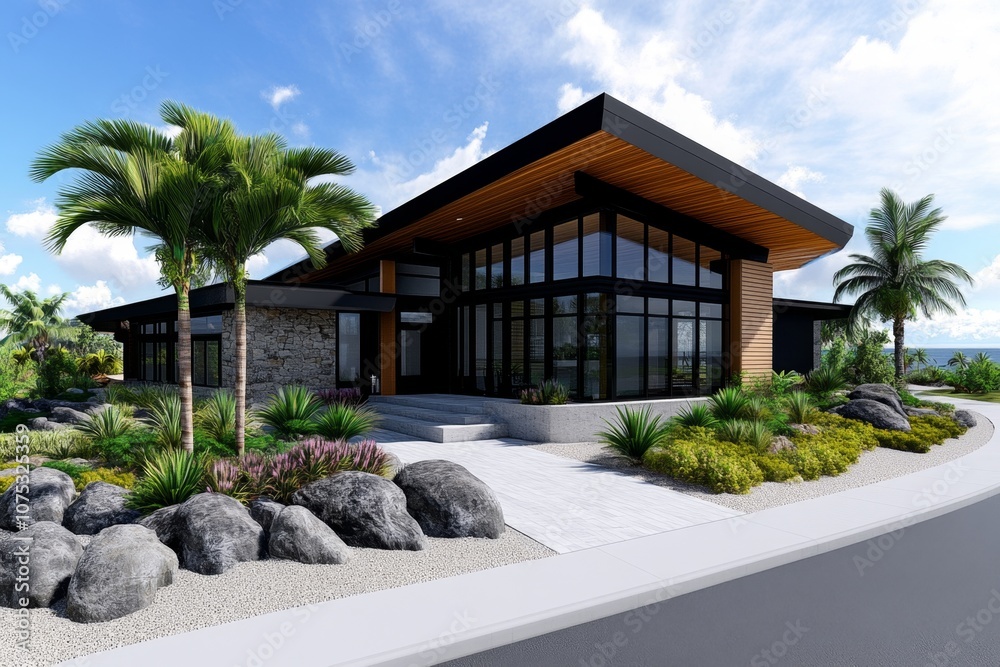 A simple 2D drawing of a beach house with large windows and palm trees beside it, set against a white background A simple 2D drawing of a beach house with large windows and palm trees beside it, set against a white background
