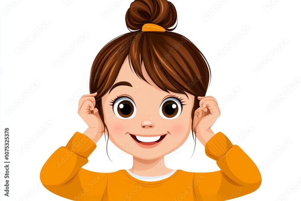 A simple 2D illustration of a person tying their hair in a ponytail, with a cheerful expression on a plain white background A simple 2D illustration of a person tying their hair in a ponytail, with a cheerful expression on a plain white background