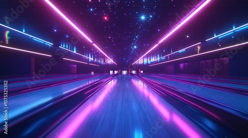 Neon-Lit Bowling Alley with Glowing Stars. AI generated illustration