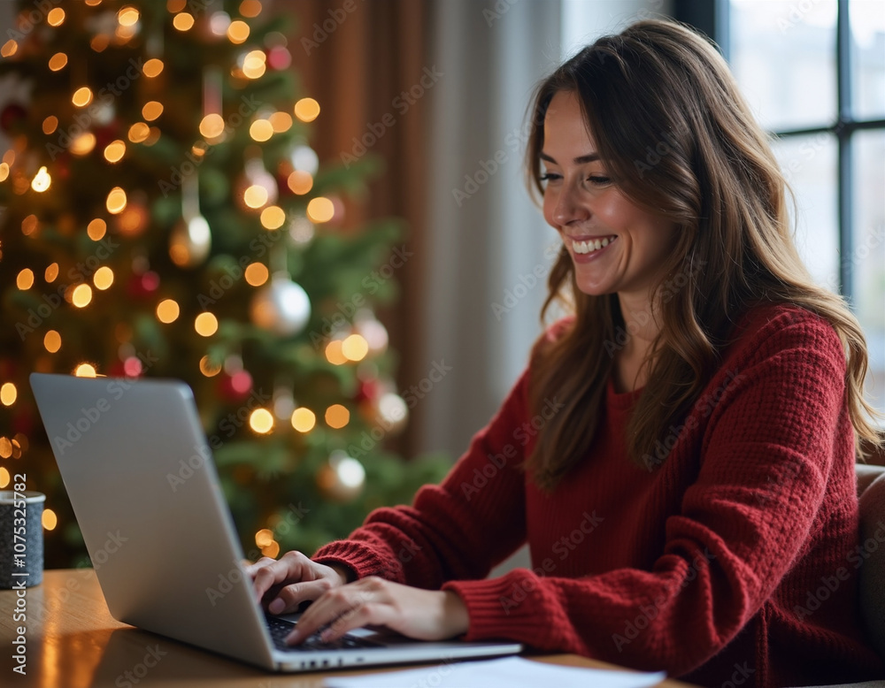 Woman using laptop with Christmas tree in background. Woman using laptop with Christmas tree in background.