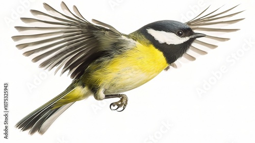 Majestic Great Tit in Flight Against a Crisp White Background Capturing the Beauty and Grace of Nature's Avian Wonder