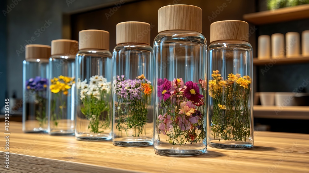 Close-Up of Glass Water Bottles with Flowers in a Modern Spa. AI generated illustration Close-Up of Glass Water Bottles with Flowers in a Modern Spa. AI generated illustration
