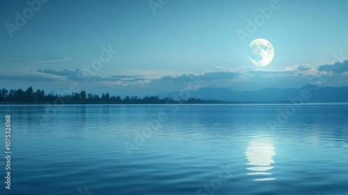 A serene full moon rising over a calm lake, its reflection shimmering on the water's surface.