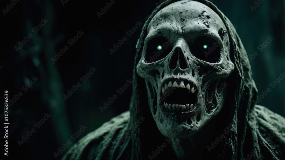 Terrifying skeletal creature with hollow, glowing eyes and an open mouth, wearing a tattered hood, set against a dark, eerie background for a chilling effect.
Terrifying skeletal creature with hollow, glowing eyes and an open mouth, wearing a tattered hood, set against a dark, eerie background for a chilling effect.
