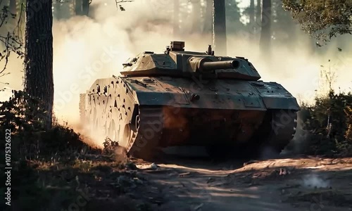 Military Tank Moving Through Dusty Battlefield