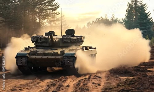 Military Tank Moving Through Dusty Battlefield
