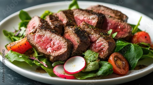 Roast Beef Salad with Fresh Greens Generous Portions of Tender Medium Rare Meat or Grilled Steak Served on a White Plate with Radish Tomato Spices and Leafy Greens