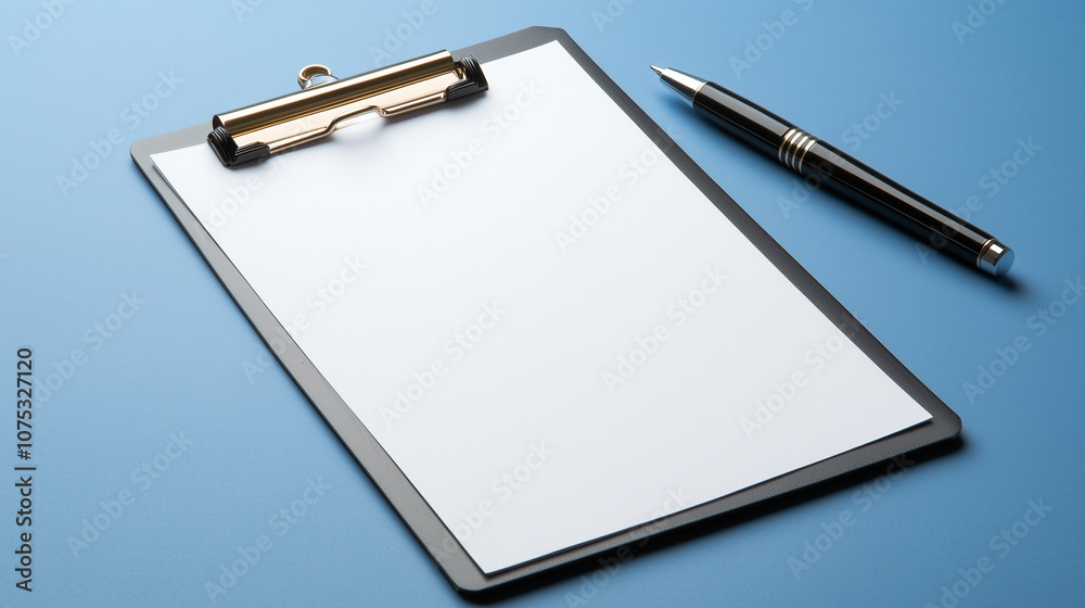 Blank clipboard with paper and pen on a blue background, ready for writing or note taking with copy space Blank clipboard with paper and pen on a blue background, ready for writing or note taking with copy space