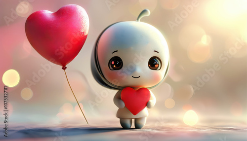  Cute doll with big eyes holds a red heart with a red heart-shaped balloon next to it. The doll radiates a feeling of love and tenderness photo