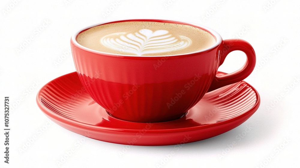 Obraz premium Hot Latte with Beautiful Latte Art in a Bright Red Cup on White Background, Capturing the Essence of Coffee Culture and Morning Delight