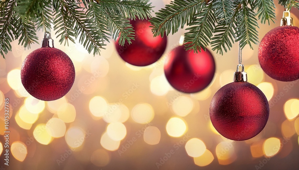 Christmas - Red Baubles Hanging With Fir Branches In Shiny Background Christmas - Red Baubles Hanging With Fir Branches In Shiny Background