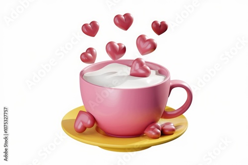 A pink cup filled with milk with pink heart shaped candies surrounding it