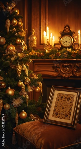 Elegant christmas tree and festive decor in warm candlelit room with vintage clock photo