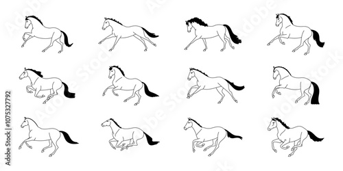 Set of horse galloping animation frames in black and white, illustrating movement phases with simple line art style