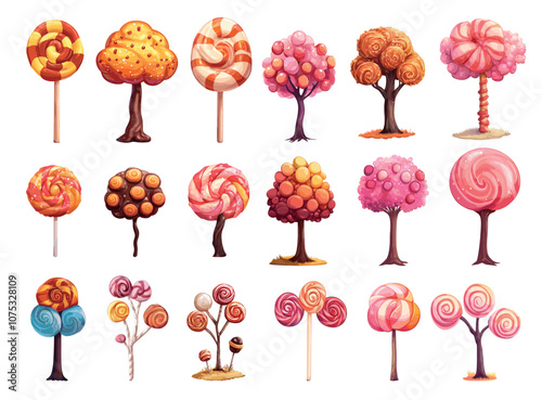 Cartoon candy tree. Fantasy sweet land landscape element, caramel chocolate trees set vector illustration