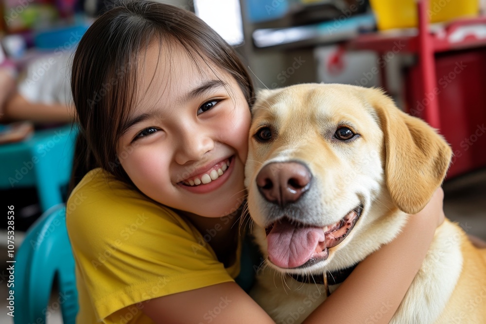 Child hugging a pet dog, both of them smiling with love and happiness in a homely setting Child hugging a pet dog, both of them smiling with love and happiness in a homely setting