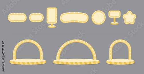 cute light bulb gold stage and sign 3d illustration vector set for decorating your artwork