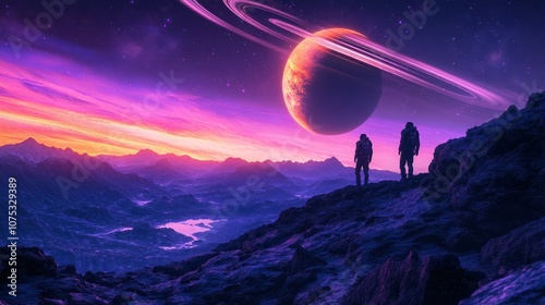 Two figures stand on a mountaintop, gazing at a giant planet with rings in the sky. The scene is bathed in a purple and pink glow, with a misty valley in the distance.