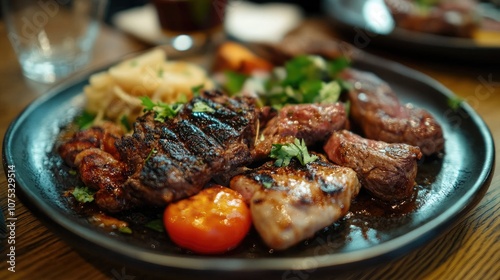 Mixed grill served on a plate featuring Balkan cuisine selective focus