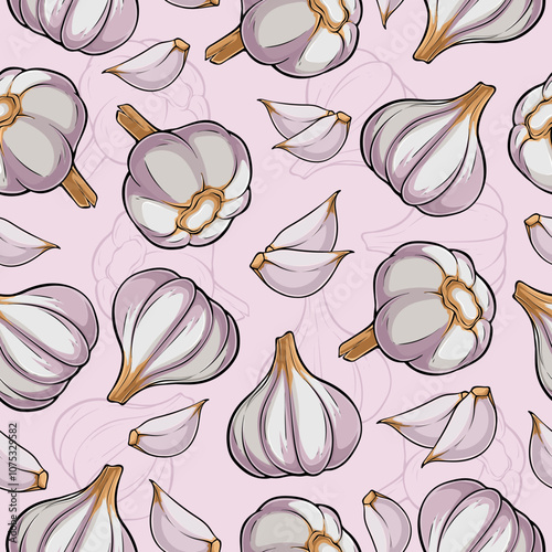 Hand drawn seamless pattern of  organic fresh whity purple garlic with cloves , good for health