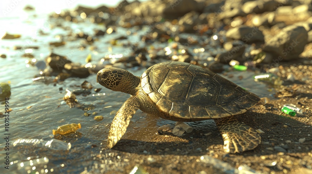 Obraz premium Plastic Pollution Threat: 3D Render of Turtle Nesting on Beach Amidst Waste, Environmental Awareness Concept, Ultra-Detailed Digital Artwork