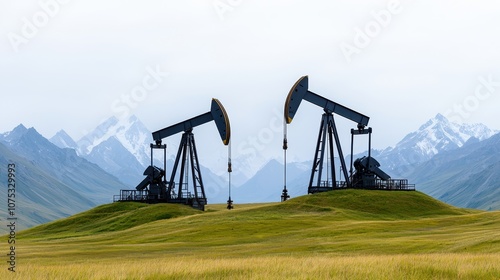 Oil pumps stand against a mountain backdrop, showcasing industrial activity in a natural landscape, highlighting the balance between energy extraction and environmental beauty.