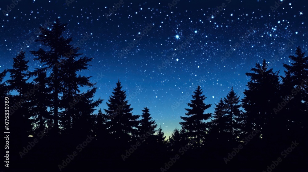 A silhouette of a forest against a blue sky, transitioning into night with stars and the galaxy coming into view. A silhouette of a forest against a blue sky, transitioning into night with stars and the galaxy coming into view.