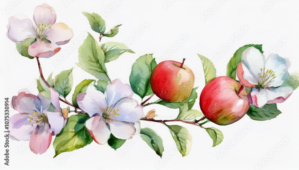 A watercolor painting of an apple vine with two apples and a white flowers A watercolor painting of an apple vine with two apples and a white flowers