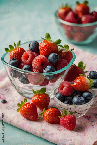 A vibrant assortment of fresh spring berries like strawberries, blueberries, and raspberries in a clear glass bowl, set on a pastel-colored tablecloth