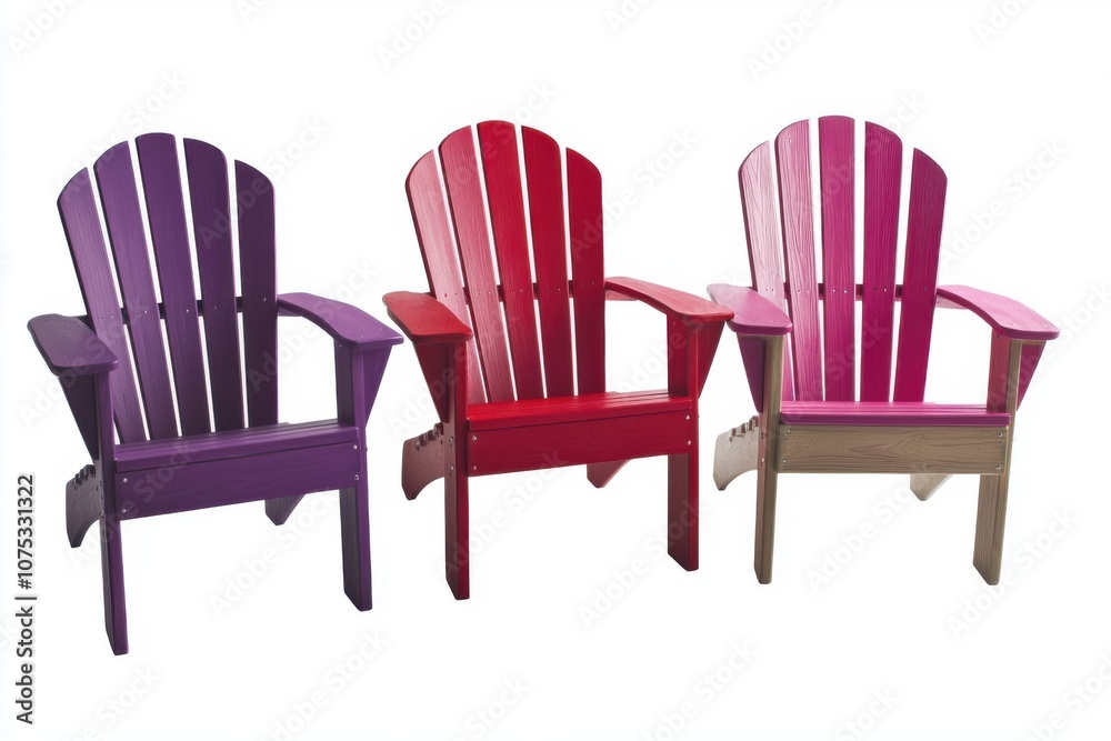Obraz premium Three colorful Adirondack chairs arranged in a row, perfect for outdoor relaxation.