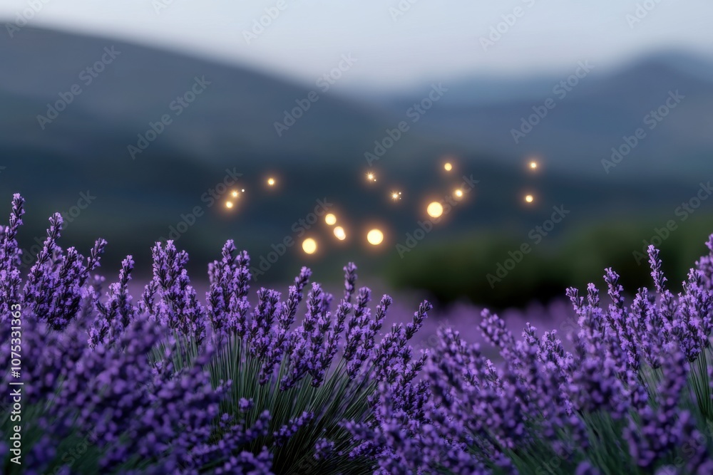 Obraz premium Lavender field in bloom with glowing lights during twilight in a serene countryside setting