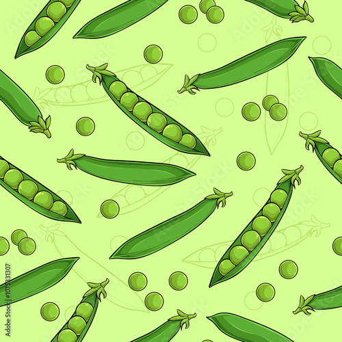 Hand drawn seamless pattern of full and peeled organic healthy green pea pods good for body health
